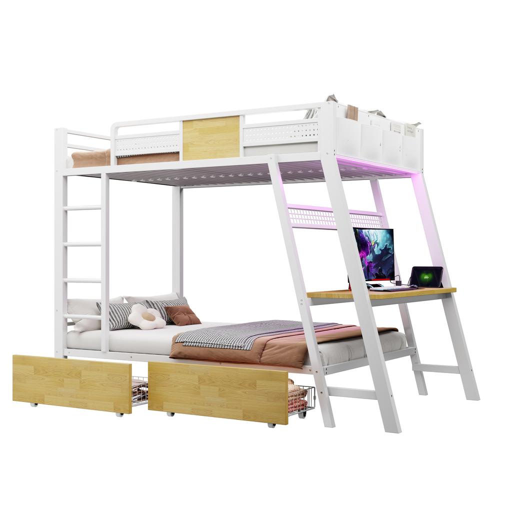 Metal Bunk Bed 90×200cm, Integrated Gaming Desk with Sockets, USB and Type-C Ports, with LED Light Strip, Two Storage Baskets, Youth Play Bed, White