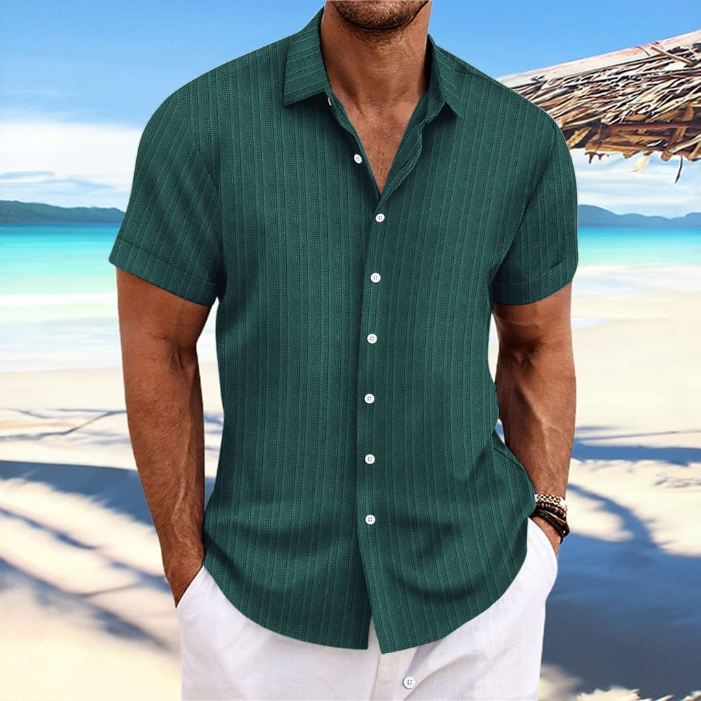 New Men's Cotton Linen Striped Jacquard Casual Loose Short Sleeve Shirt