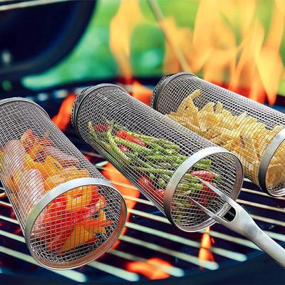Rolling Grill Basket BBQ Mesh Tube Removable Wooden Handle Stainless Steel Round Mesh Cage Outdoor Camping Cooking Tools