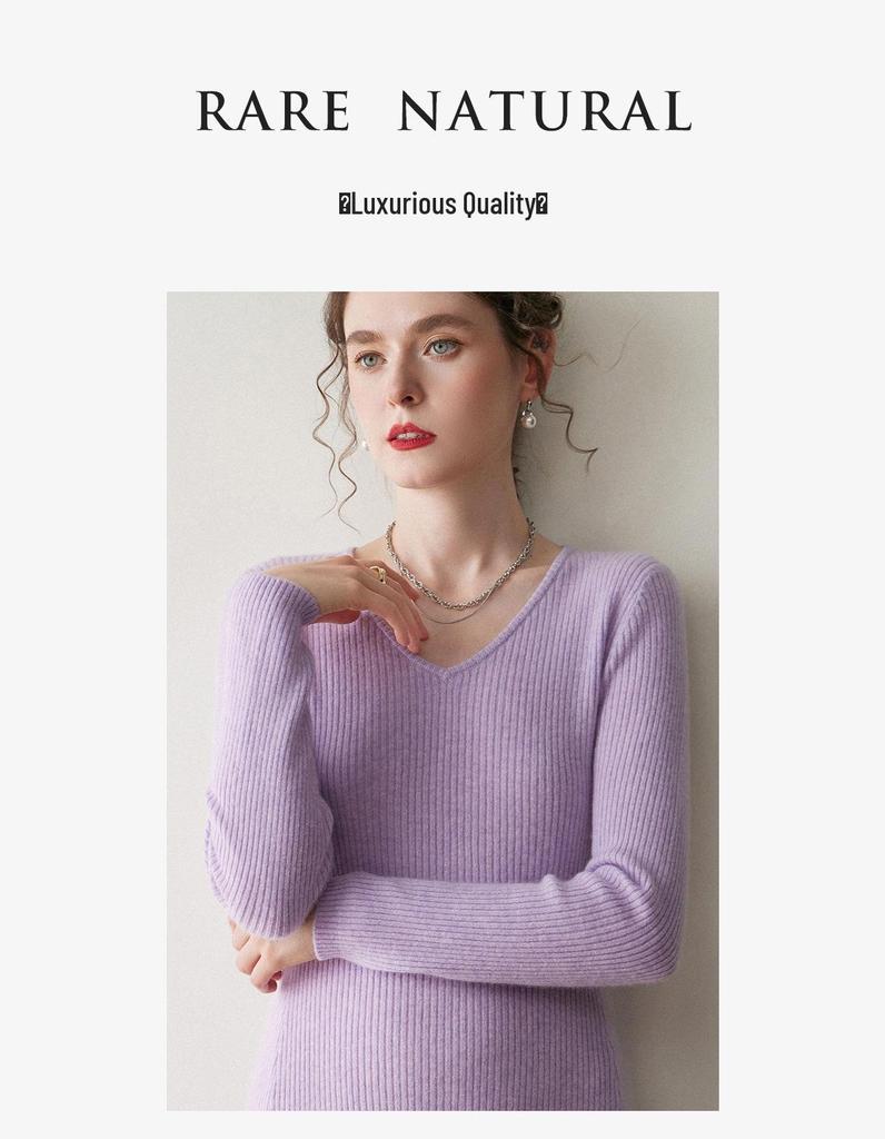 Women's Slimming V-neck Cashmere Knit Dress - Long Wool Dress for Autumn/Winter