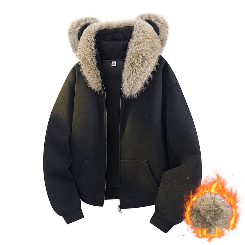 

Мужская толстовка на флисовой подкладке, Зимний стиль, Американский стиль, Меховой воротник, Повседневный мужской теплый топ с капюшоном, Мужская верхняя одежда свободного кроя XS чёрный