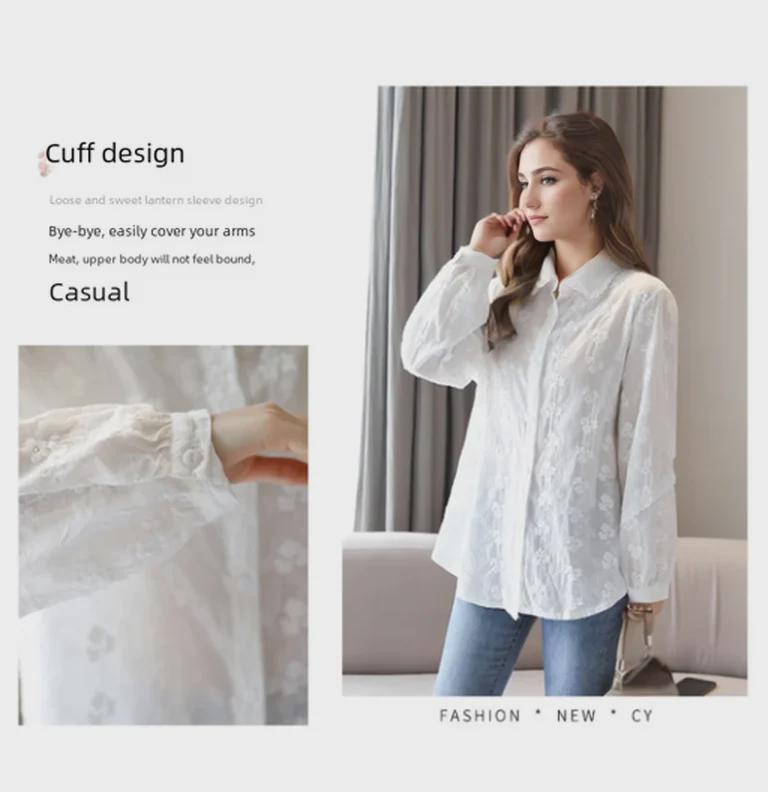 Cămașă de damă cu mânecă lungă, albă, din bumbac cu dantelă, cu rever - Chic Primăvara 2025