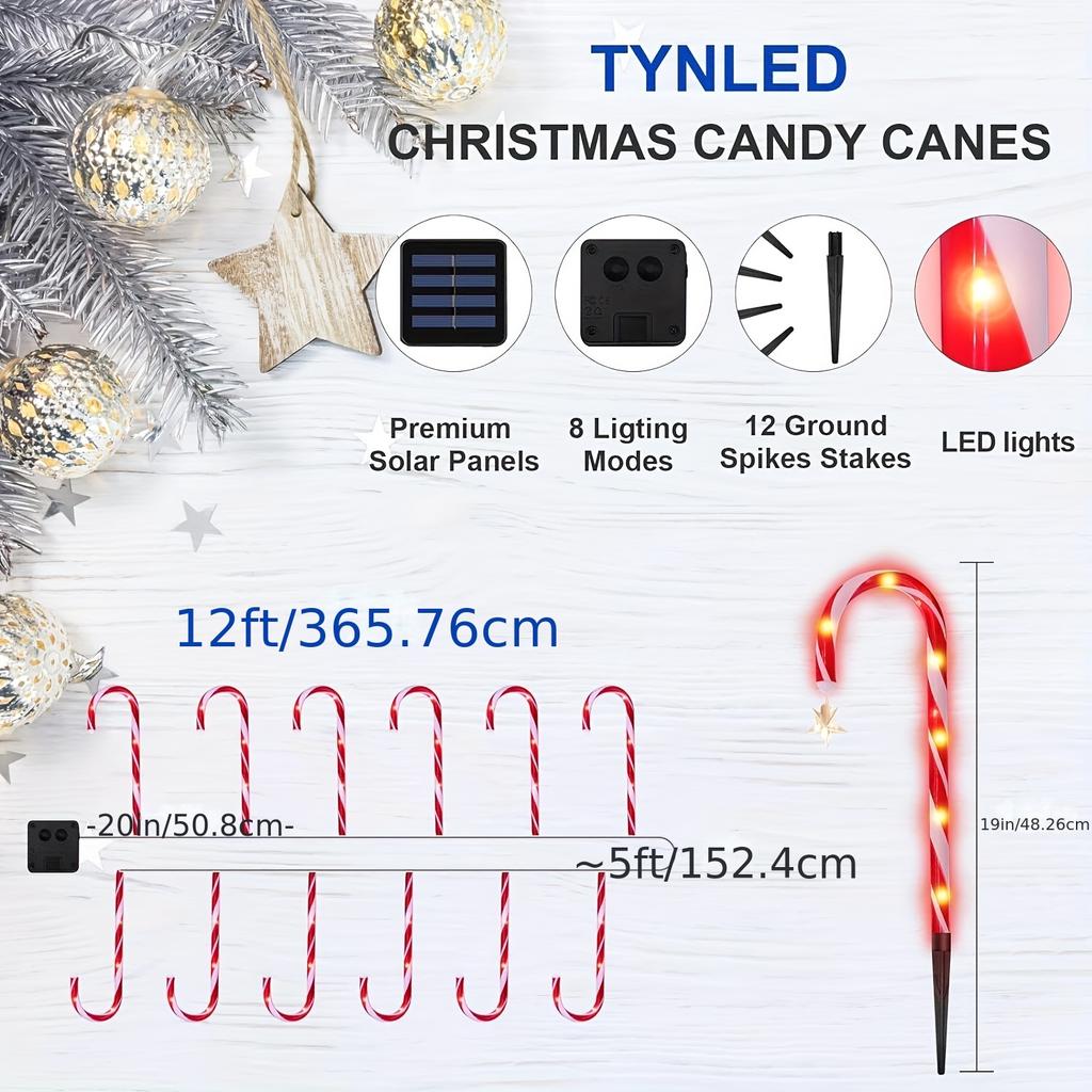 12PCS Solar-Powered Candy Cane Light Christmas Lighted Holiday Displays LED Street Lamps Waterproof Outdoor Garden Landscape