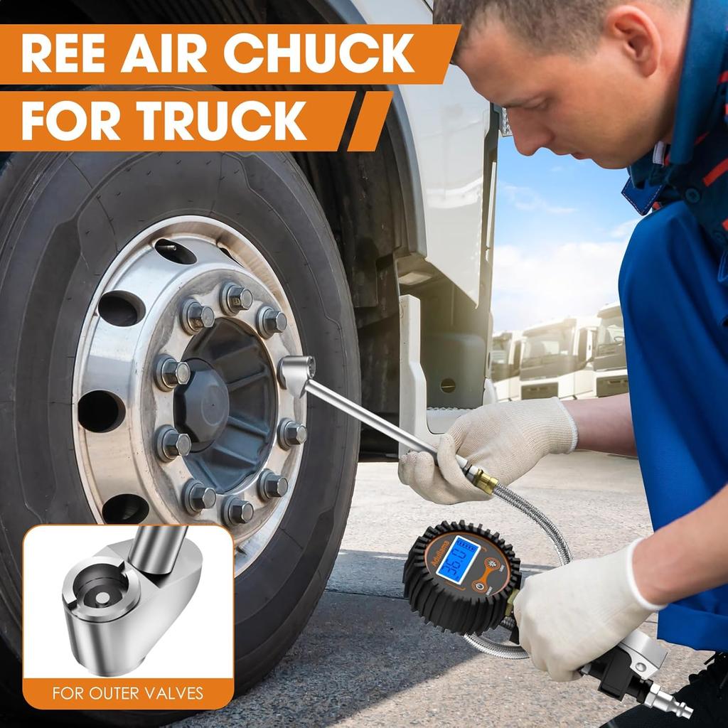 Digital Tire Pressure Gauge With Inflator, 250 PSI Heavy Duty Air Chuck Air Compressor Attachments, Improved Leaks Protection & Stainless Braided