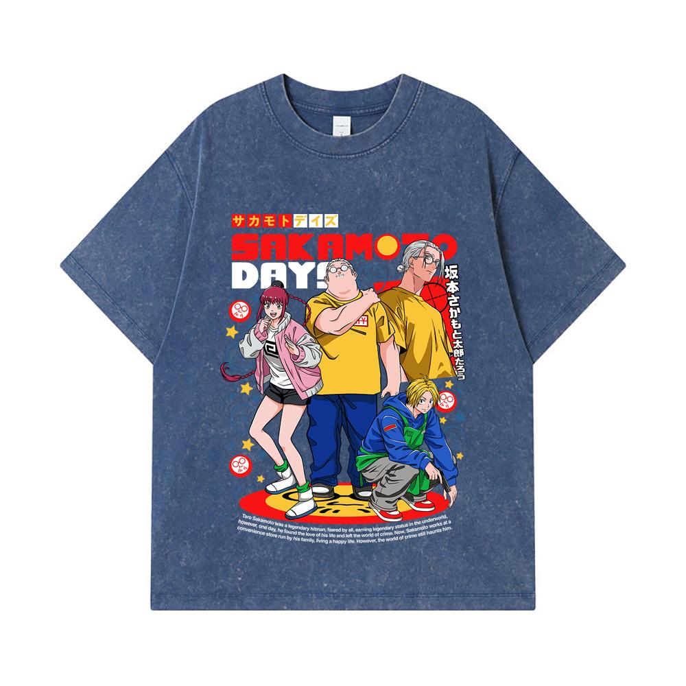 

275 GSM Washed T-shirts 100% Cotton Sakamoto Days V2 Print Unisex Heavy Cotton T Shirt 2XL королівський синій колір