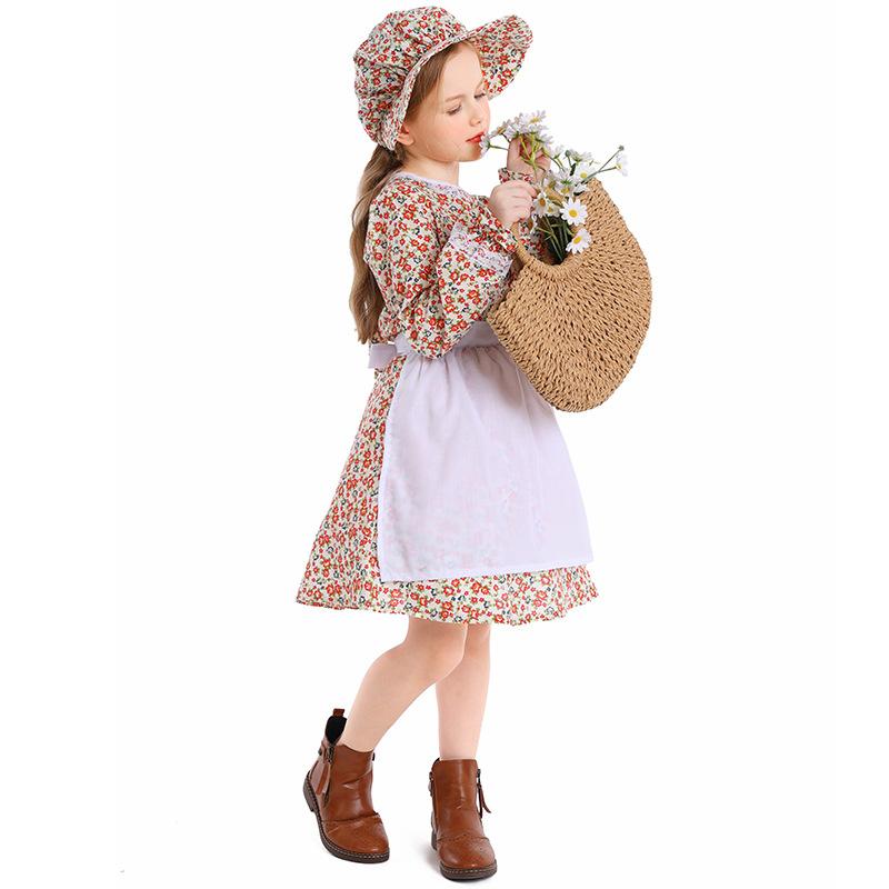 Kinder Mädchen Drama Pastorale Bauernhof Blumen Blumig Dienstmädchenkleid Weißes Schürzenhut-Set Halloween Cosplay Kostüme Rollenspiel Outfit