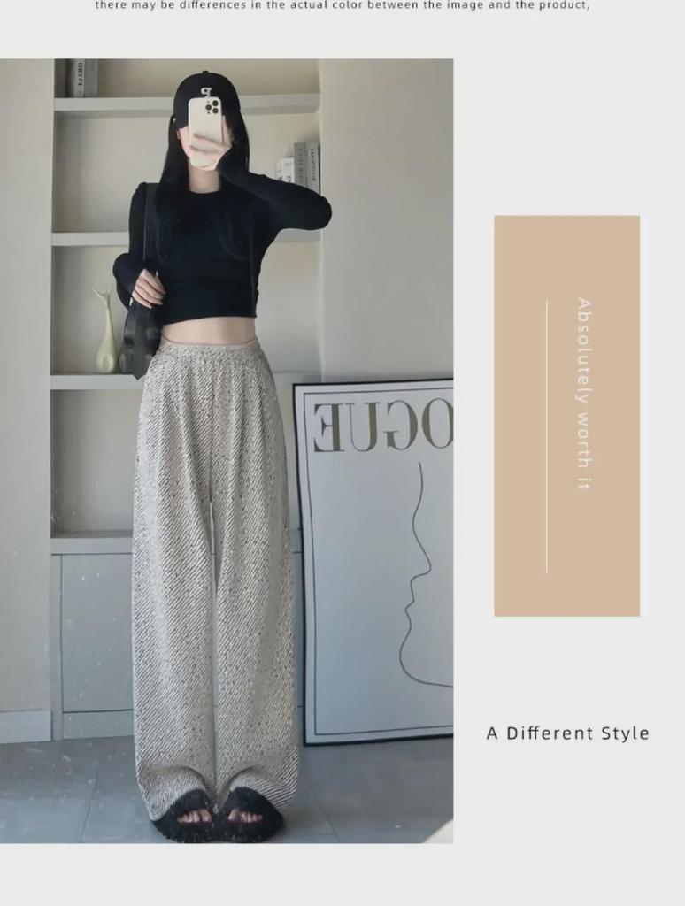 High Waist Striped Silk Chenille Wide-Leg Pants for Autumn/Winter