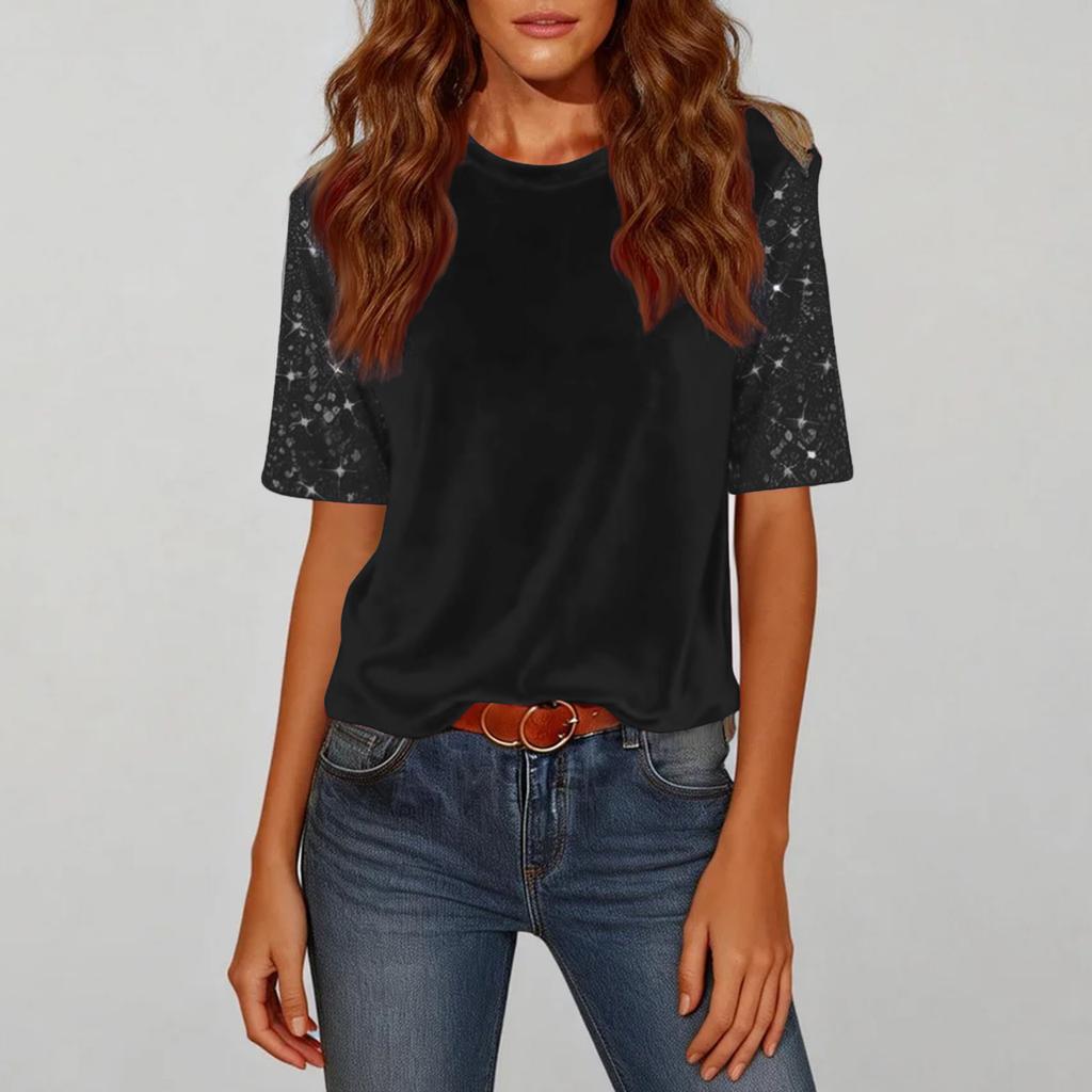 Women's Fashion Casual Round Neck Short Sleeve Patchwork Sequined Top