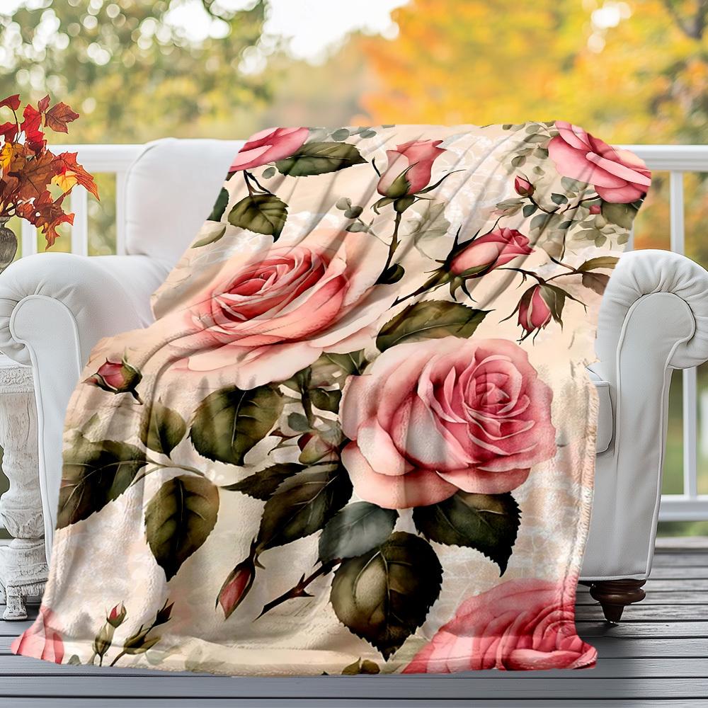 1PC Rose LaceOutdoor Flannel Blanket - Soft Plush Decor for Picnics, camping, Bedroom, Playroom, Office, or Lunch Break 1337A