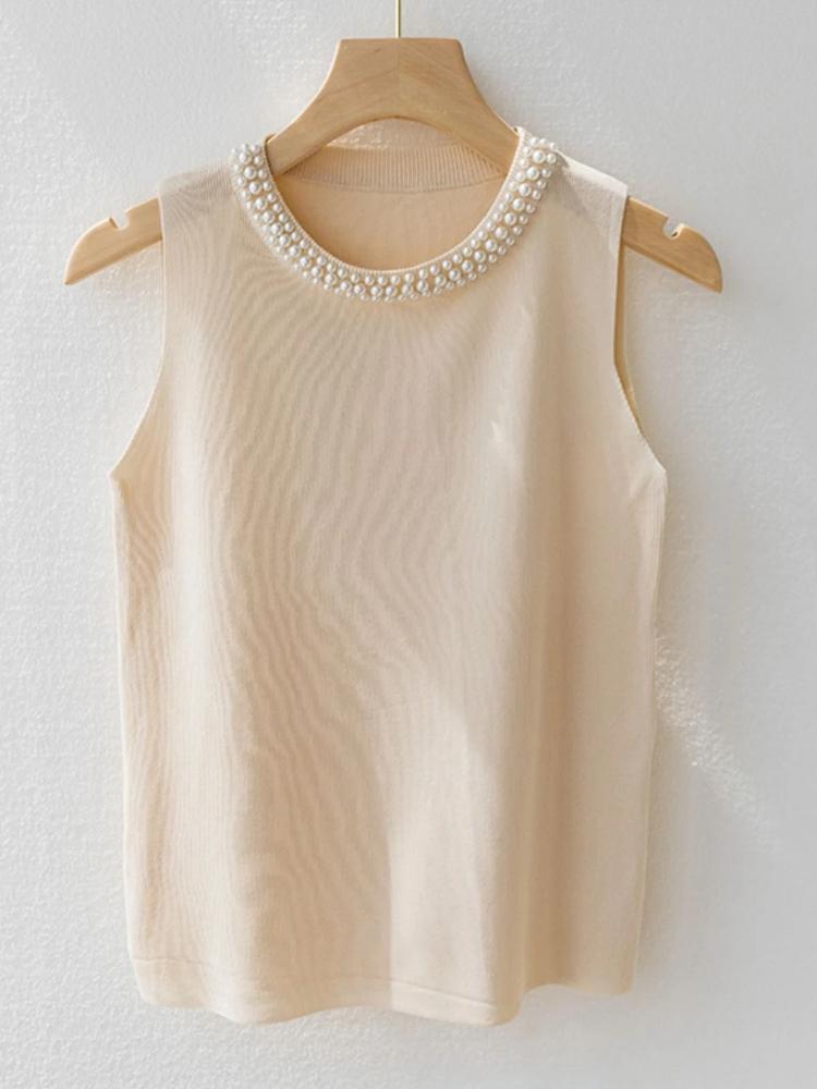 Korea Knitted Vests Women Top Solid Tank Blusas Mujer De Moda Summer New Fashion Female Sleeveless Beading Casual Thin Tops