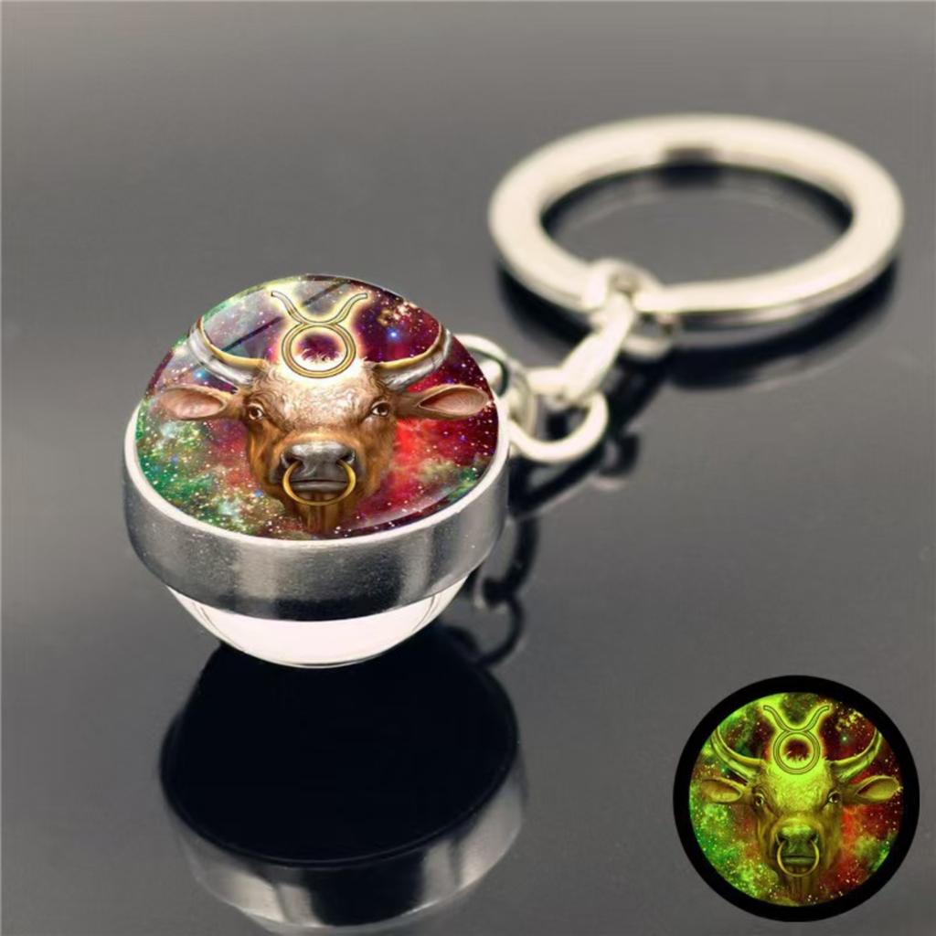 Schlüsselanhänger mit 12 Sternzeichen, im Dunkeln leuchtend, Taschenanhänger, Zeit-Edelstein, doppelseitiger Glaskugel-Schlüsselanhänger