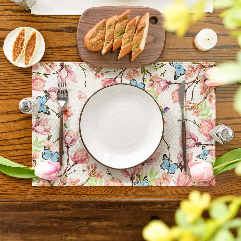 4Pcs, Hummingbird and Butterfly Floral Placemats, Washable, Suitable for Holiday Parties, Home Decor