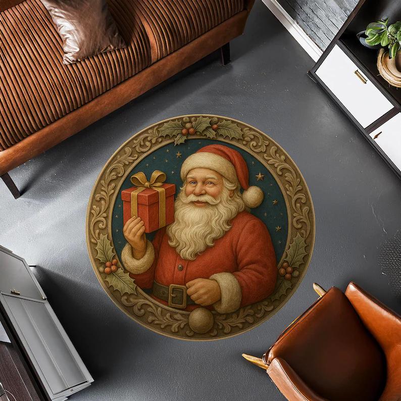 Vintage Santa Claus Christmas Rug Merry Christmas Round Carpet Baroque Holiday Retro Santa Gift Cozy Festive Living Room Mat
