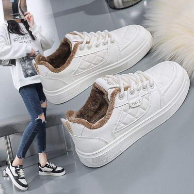 Fleece Little White Shoes Women's 2025 New Winter Warm Cotton Shoes Flat-soled Students Two Cotton Lightweight Running Casual Board Shoes