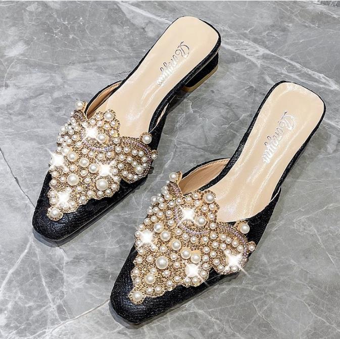 Elegant Lace Wedding Shoes Flat Pointed Toe Semi-Slipper Women Summer Cool Slippers Pearl Rhinestone Lazy Person Slippers