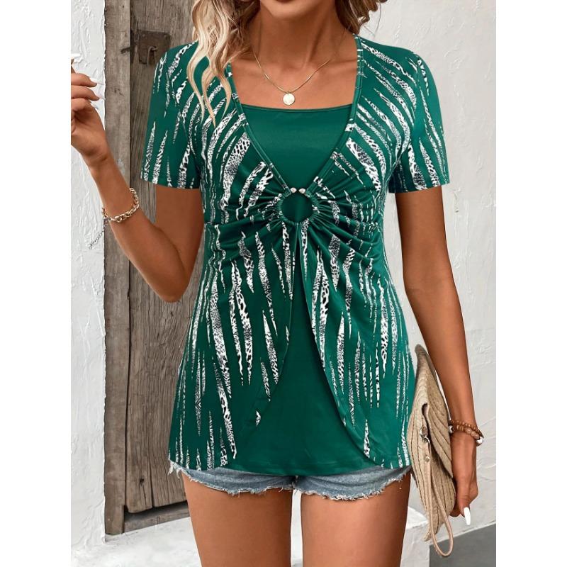 

JKASHDK Women s Fashion Casual Summer Spring Colour Block Print Short Sleeve Square Collar Blouses & Shirts XXL зелёный