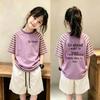 Girls' Striped Cotton T-Shirt & Shorts Set for Ages 6-12 – Summer Loose-Fit Two-Piece Outfit