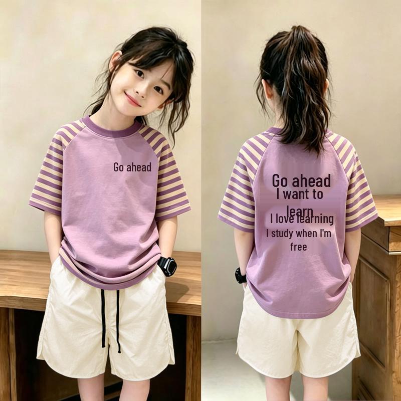Girls' Striped Cotton T-Shirt & Shorts Set for Ages 6-12 – Summer Loose-Fit Two-Piece Outfit