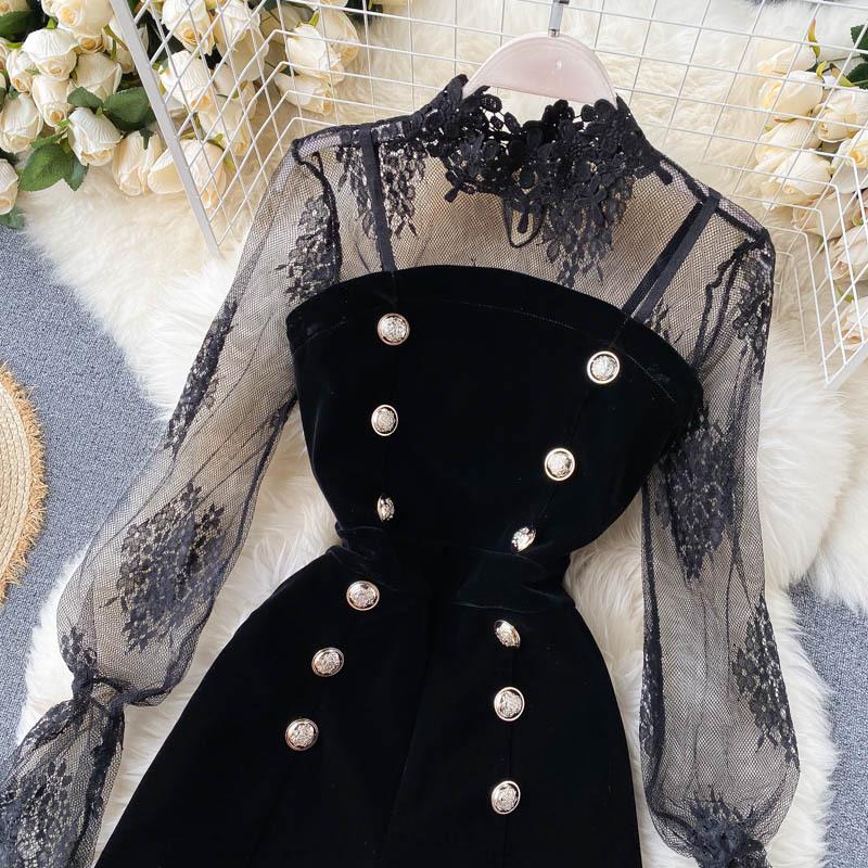 Two Picce Sets Slim Jumpsuits Spring Long Sleeve Lace Mesh Shirt Women Double Breasted Playsuits Ladies Bodysuit Suit