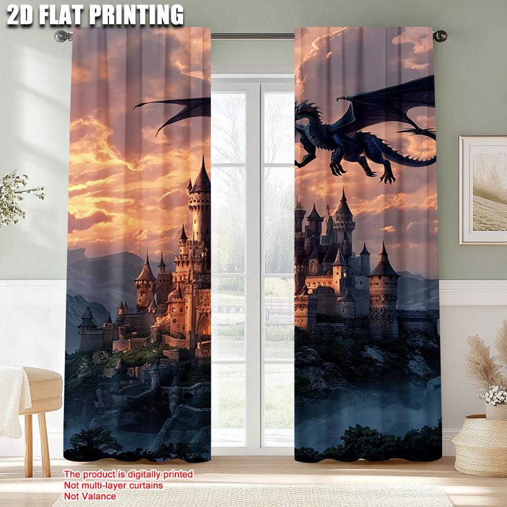 Set Of 2 Plane Printing Pattern Curtains Fantasy Dragon City Scene Versatile Durable Polyester Without Rod Festive Perfect Curtain