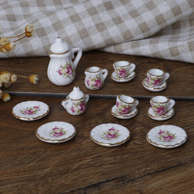 15Pcs 1:12 Miniature Porcelain Tea Cup Set Chintz Flower Tableware Kitchen Dollhouse Furniture Toys For Children Teapot DIY Toys