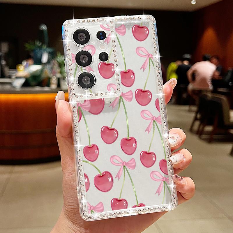 Luxus Kirschfrüchte Muster Diamant Hülle Für Samsung Galaxy S25 Ultra S24 Plus S23 S22 S21 FE A14 A15 A16 A25 A26 A35 A36 A54 A55 A56 5G Cover
