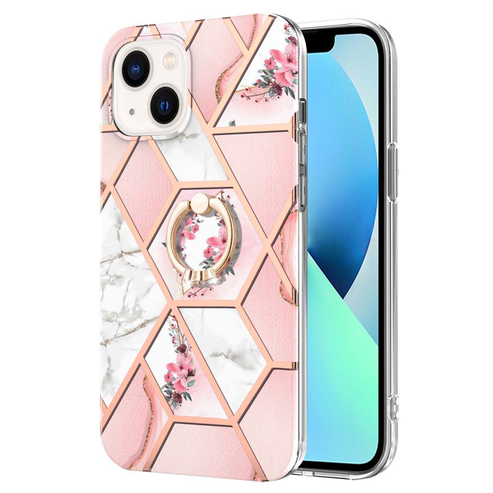 

For iPhone 15 Case with Ring Kickstand IMD Marble Pattern TPU Back Cover Purple Flowers