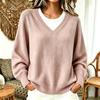 2026 Fall Womens Knit Sweater Casual V-Neck Fake Two-Piece Loose Drop Shoulder Long Sleeve