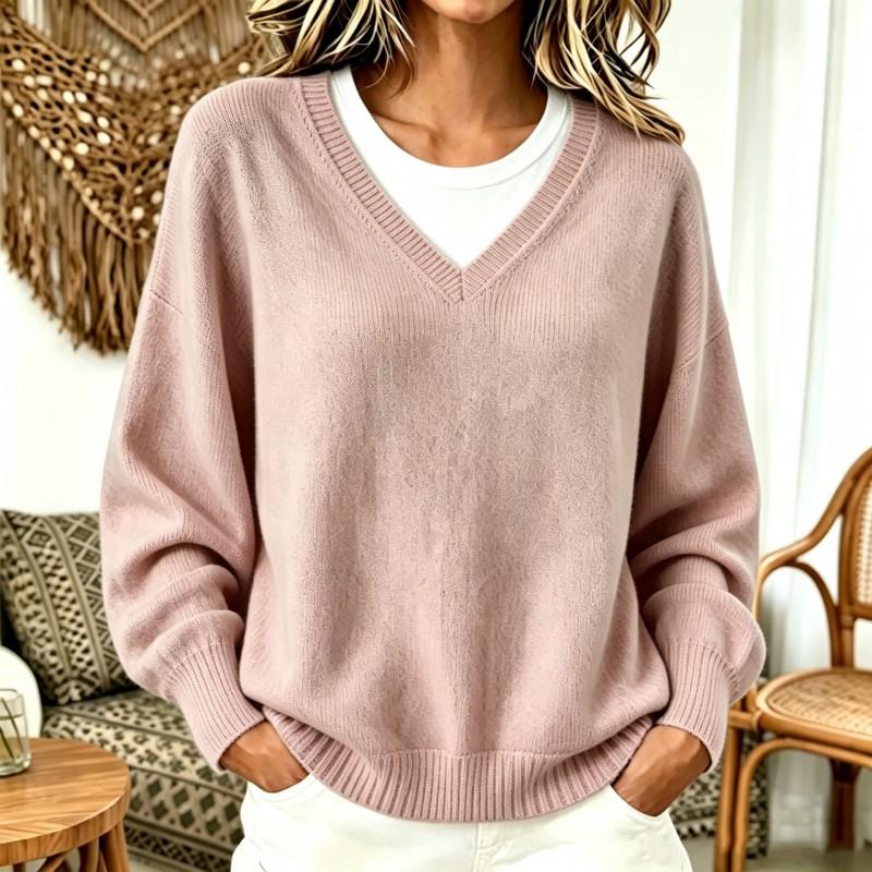 2026 Fall Womens Knit Sweater Casual V-Neck Fake Two-Piece Loose Drop Shoulder Long Sleeve
