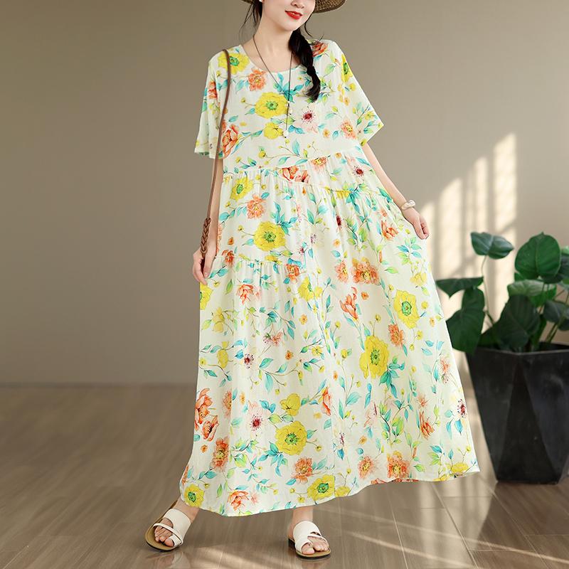 DIMANAF New 2026 Sundress Women Plus Size Summer Casual Print Floral Maxi Long Dress Cotton Loose Oversize Beach Holiday