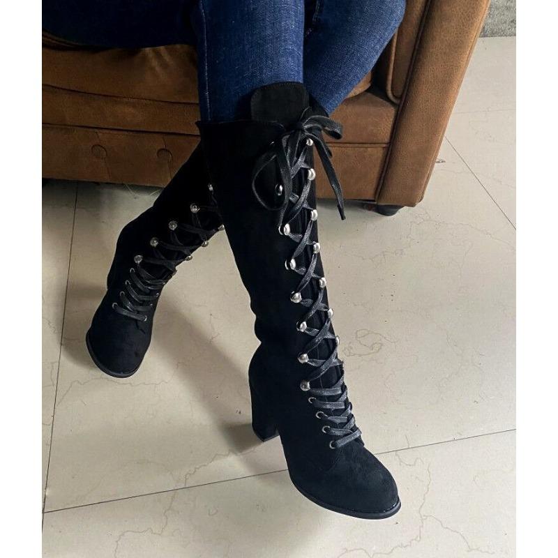 High-heeled Fashion Boots 2025 Winter New Slimming Plus-size Thick-heeled Cross-strap Boots