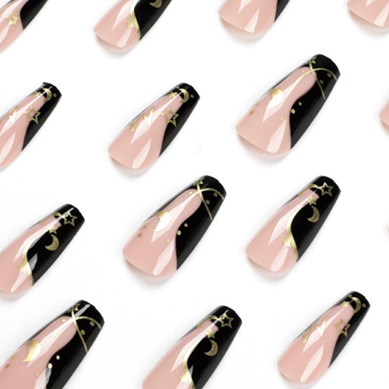 Pre-designed Press-On Nails: French Black-Edged with Star & Moon Gold Foil Accents