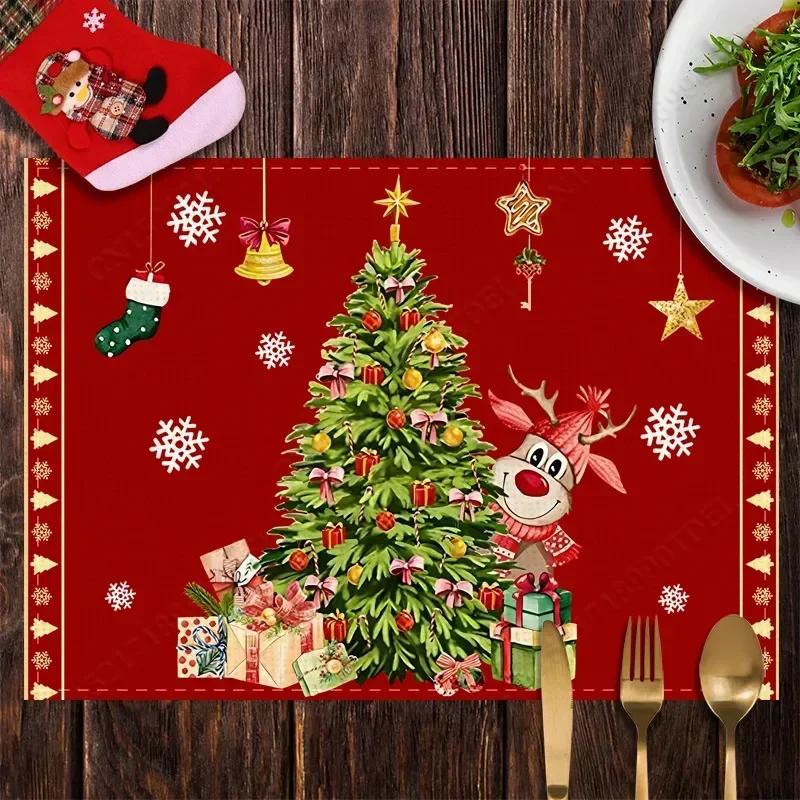 Creative Christmas Themed Cotton Linen Printed Placemat Santa Claus Snowman Decoration Dining Table Insulation Mat 32x45cm
