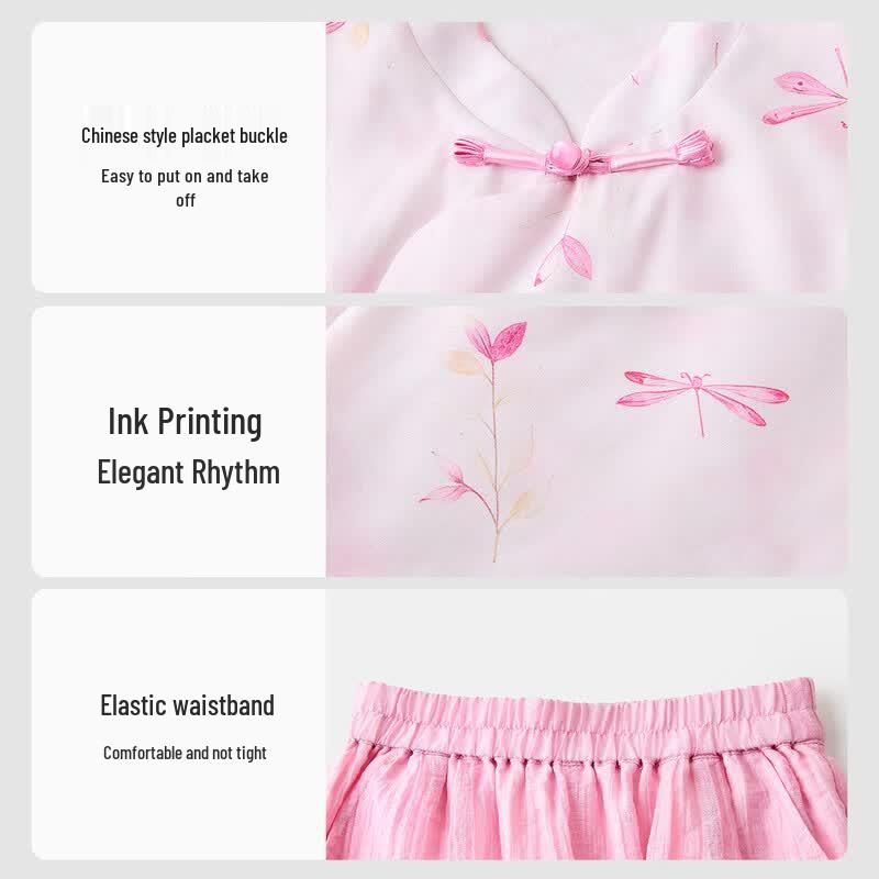 ASK JUNIOR Girls' Chinese Style Cheongsam Top & Wide-Leg Pants Set