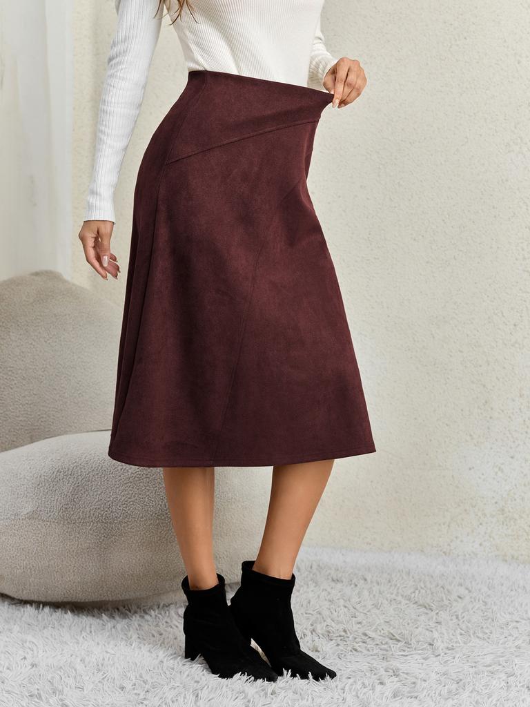 Damen Unifarbener Patchwork Wildleder Reißverschluss Rock Hohe Taille Schnalle Umwickelte Hüfte Kurzer Rock Mittellanger Rock
