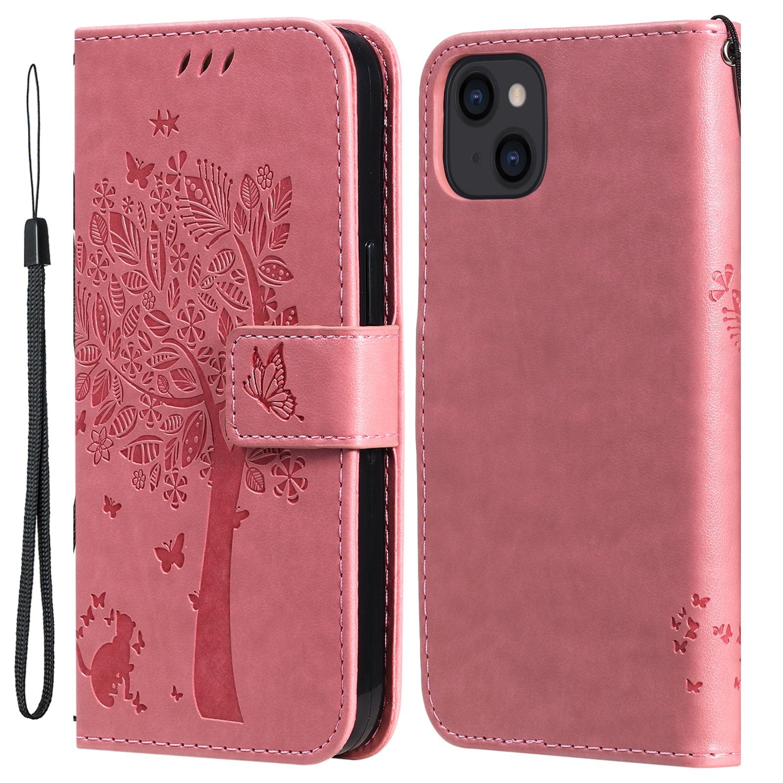

For iPhone 15 Phone Case with Stand Cat Tree Pattern Leather Wallet Mobile Cover Pink