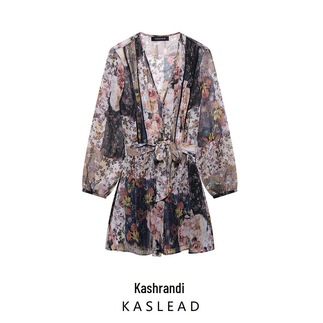

2025 Spring Women s European & American Style Belted Printed Mini Dress XS