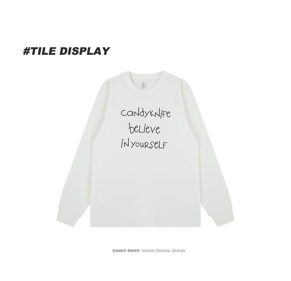 Artistic Hand-Painted Hong Kong Style Long-Sleeve T-Shirt for Couples - Autumn/Winter Trend