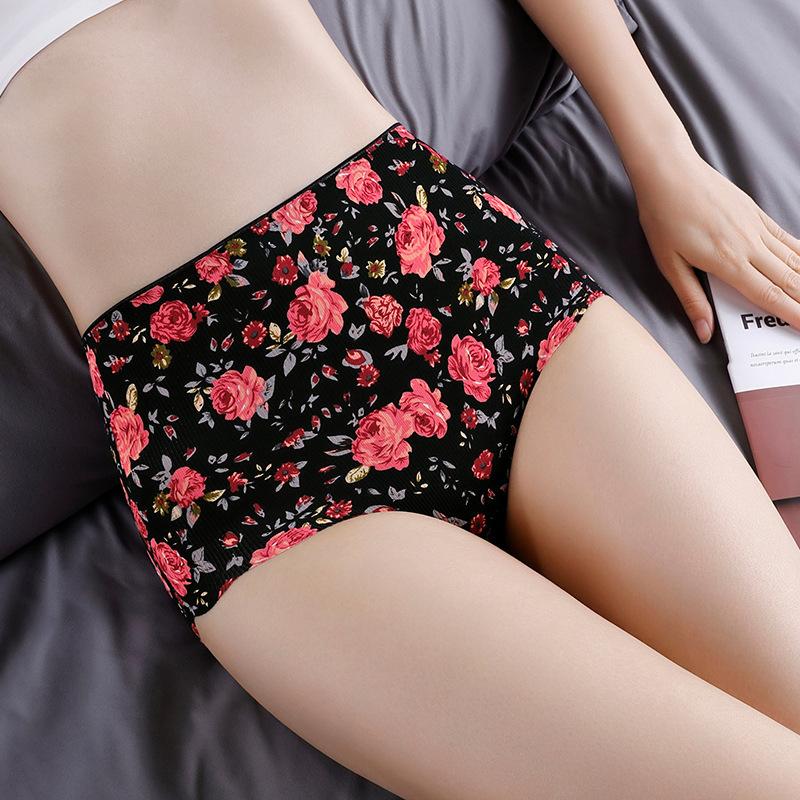 Women High Waist Panties Ice Silk Seamless Tummy Control Briefs Sexy Printing Flowers Soft Comfort Underwear Butt Lifter Panty