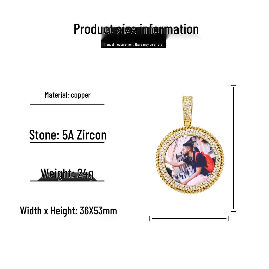 Trendy Hip Hop Round Photo Pendant Necklace with Copper and Zircon Inlays - Customizable