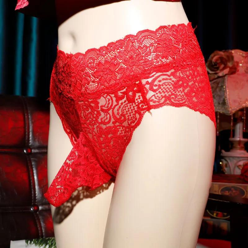 Roupa íntima com Bolsa Sissy Masculina Renda Ultra Fina Calcinhas de Tela Vazada Roupas Íntimas de Crossdressing Feminização Gays Lingerie