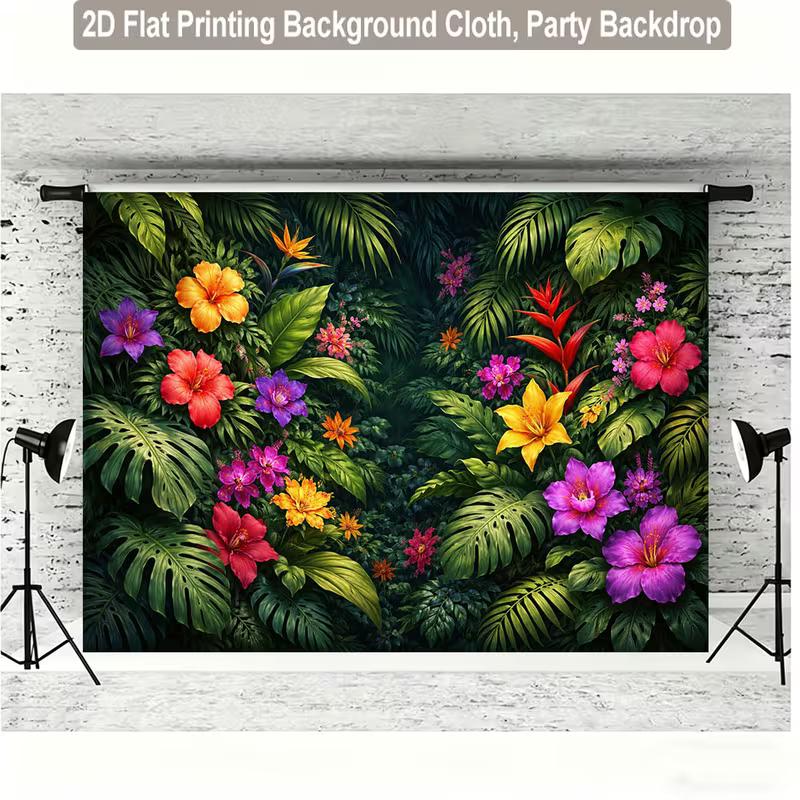 2D Tropical Hibiscus Jungle Backdrop for Luau, Hawaiian & Summer Party Photography