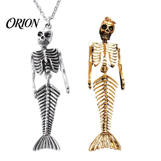 Edgy Dark Style Accessories Skull Mermaid Skeleton Pendant Necklace, Gothic Fantasy Jewelry Personalized Birthday Gift for Her Women, Creative Spooky