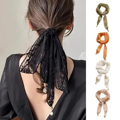 Haargummi Stickerei Spitze Blumenmuster Hohl-Haarband mit Perlenanhänger Einfarbiges Design Haarreif Haarschmuck