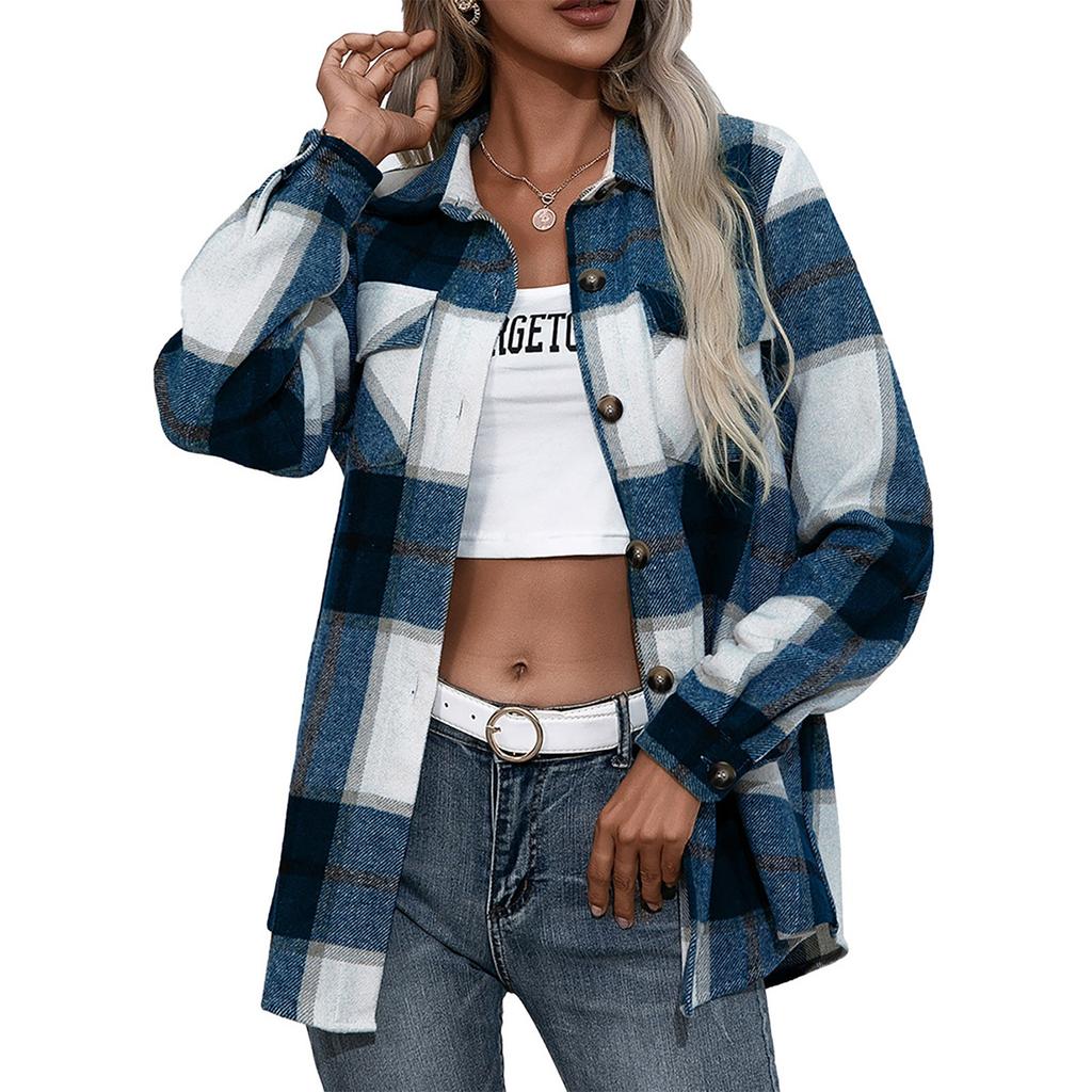 Women's Winter Casual Loose Grinding Wool Plaid Shirt Plush Plaid Shirt Jacket