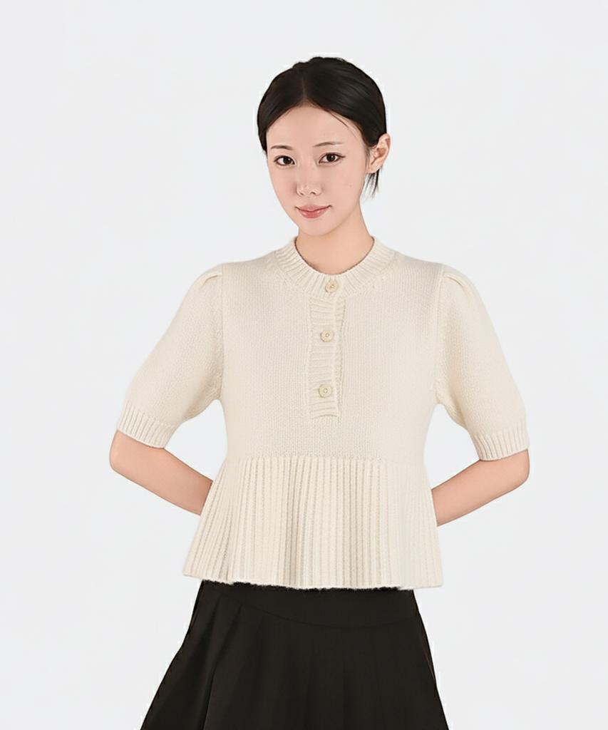 Keulleiseu Princess Puff Sleeve A-Line Short Sleeve Knit_Navy