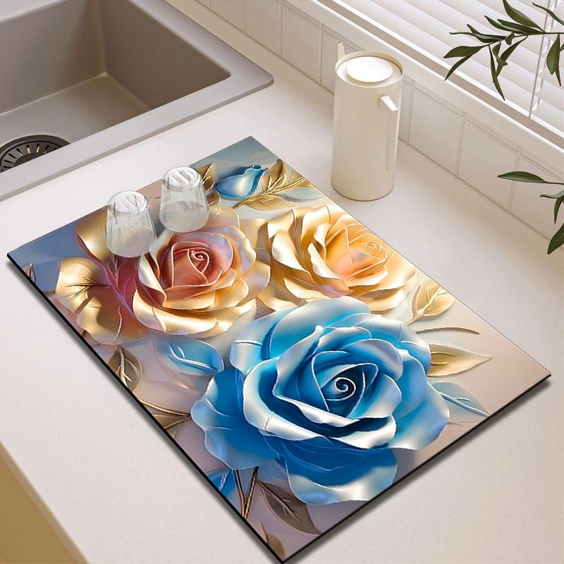 3D Floral Diatom Mud Drain Pad - Heat-Insulating, Quick-Drying, Non-Slip Kitchen Mat