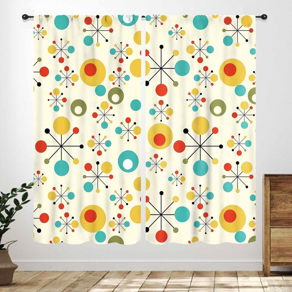 Mid Century Modern Curtains,Blue Orange Abstract Atomic Geometric Pattern Retro 1950S 1960S Style Window Treatments For Bedroom