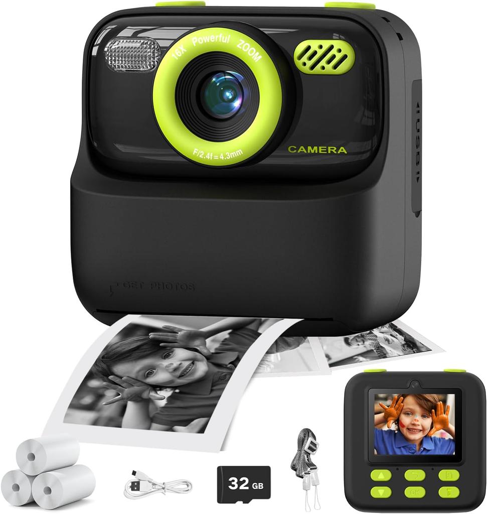 Kids Camera Instant 1080P HD Dual Lens Selfie Digital Camera for Girls Boys Christmas Birthday Gifts Toys With 32G Print