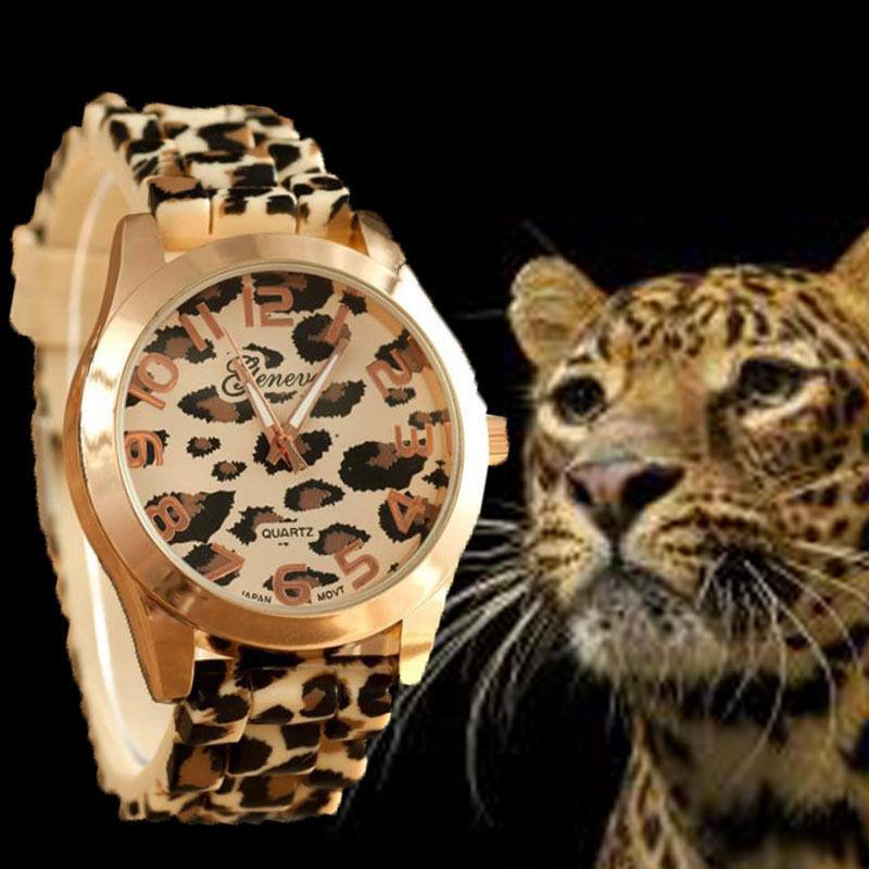 Luxusní hodinky Geneva s leopardím potiskem, quartzovým strojkem a řemínkem z nerezové oceli